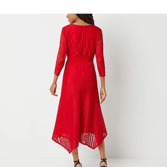 Danny & Nicole Ruby Red 3/4 Sleeve Dress Striped Floral Lace Midi Sz. 10 - Picture 2 of 16